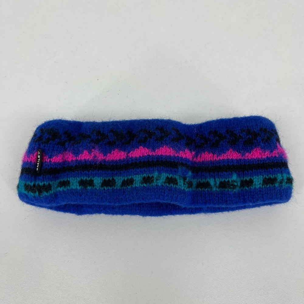 Smiley Womens Blue Wool Knit Fair Isle Winter Headband Ear Warmer Made in USA